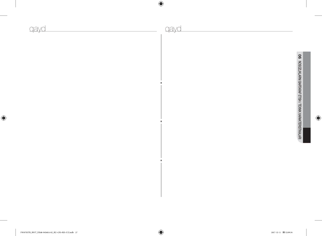 Samsung FW77SR-B/BWT, FW87SR-B/BWT, FW87SSTR/BWT, FW87SBTR/BW manual Nosozliklarni Bartaraf Etish / Texnik Xarakteristikalari 