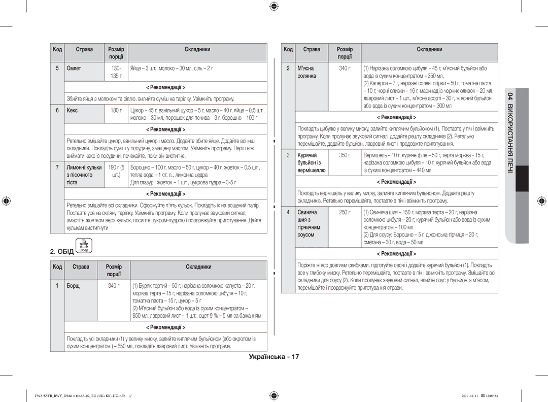 Samsung FW87SR-B/BWT, FW77SR-B/BWT manual Обід, Омлет, Яйце 3 шт., молоко 30 мл, сіль 2 г, Код Страва Розмір Складники 