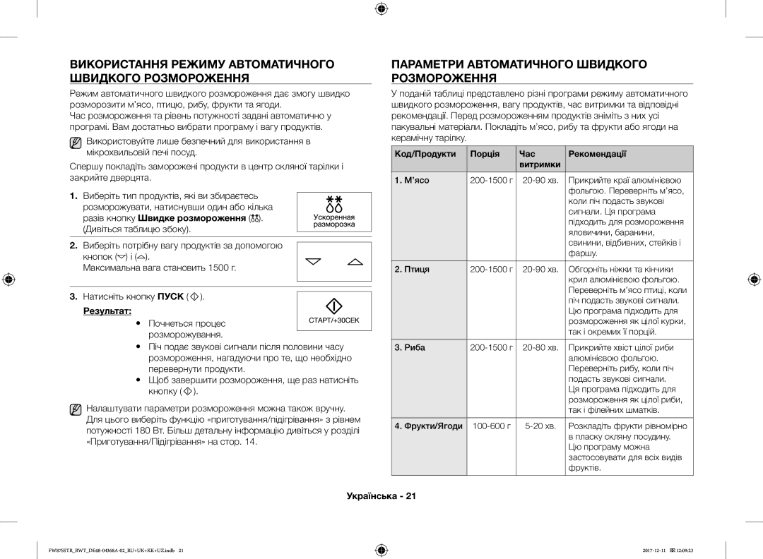 Samsung FW87SR-W/BWT, FW87SR-B/BWT, FW77SR-B/BWT, FW87SSTR/BWT manual Використання Режиму Автоматичного Швидкого Розмороження 