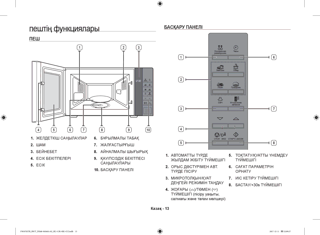 Samsung FW87SR-W/BWT Пештің функциялары, ПЕШ Басқару Панелі, БАСТАУ/+30s Түймешігі, Жоғары /ТӨМЕН, Түймешігі пісіру уақыты 