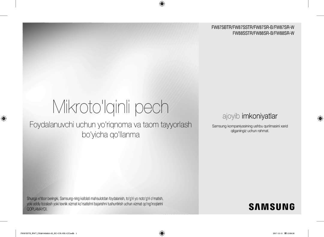 Samsung FW87SR-B/BWT, FW77SR-B/BWT, FW87SSTR/BWT, FW87SBTR/BW, FW87SR-W/BWT manual Mikrotolqinli pech, Boyicha qollanma 