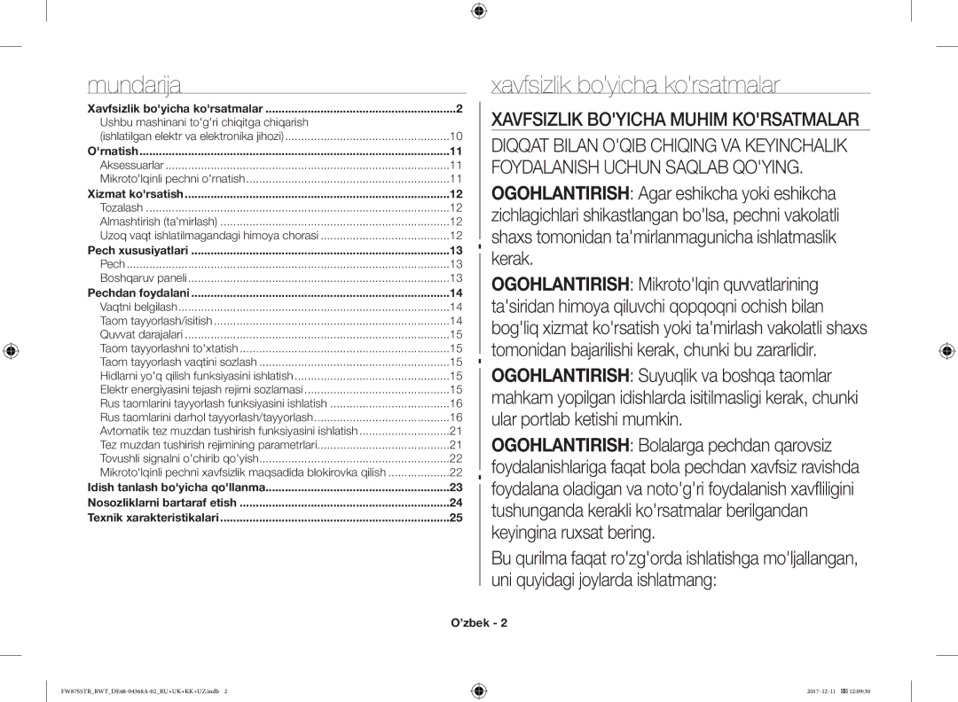 Samsung FW77SR-B/BWT manual Mundarija, Xavfsizlik boyicha korsatmalar, Aksessuarlar Mikrotolqinli pechni ornatish, ’zbek 