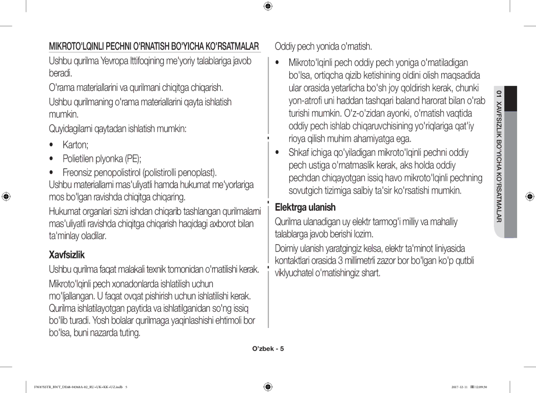 Samsung FW87SR-W/BWT, FW87SR-B/BWT manual Oddiy pech yonida ornatish, Mikrotolqinli Pechni Ornatish Boyicha Korsatmalar 