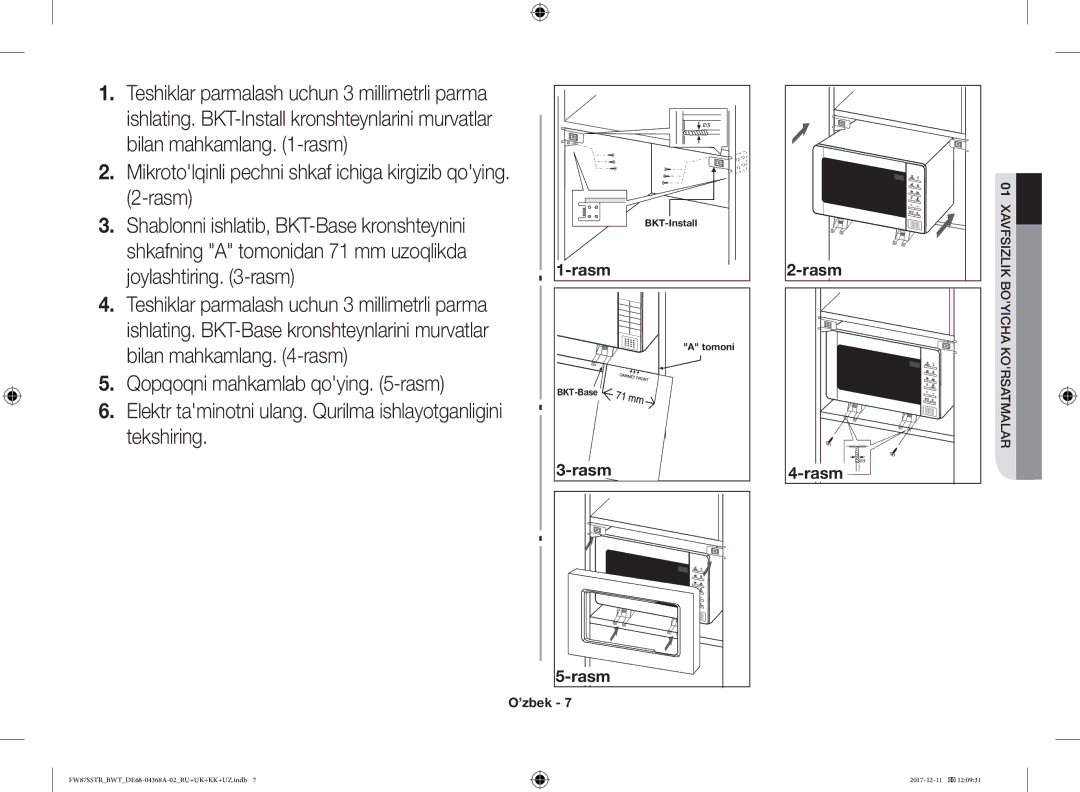 Samsung FW77SR-B/BWT manual Mikrotolqinli pechni shkaf ichiga kirgizib qoying -rasm, Bilan mahkamlang -rasm, Korsatmalar 