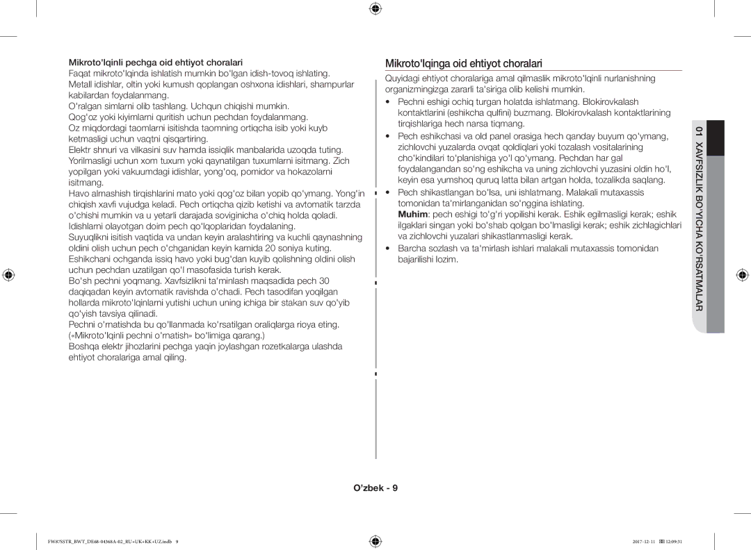 Samsung FW87SBTR/BW manual Mikrotolqinga oid ehtiyot choralari, Idishlarni olayotgan doim pech qolqoplaridan foydalaning 