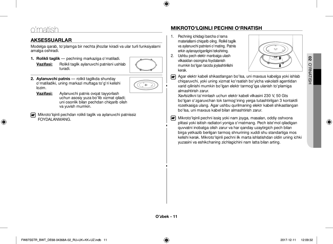 Samsung FW87SR-B/BWT, FW77SR-B/BWT, FW87SSTR/BWT, FW87SBTR/BW manual Aksessuarlar, Mikrotolqinli Pechni Ornatish, Vazifasi 