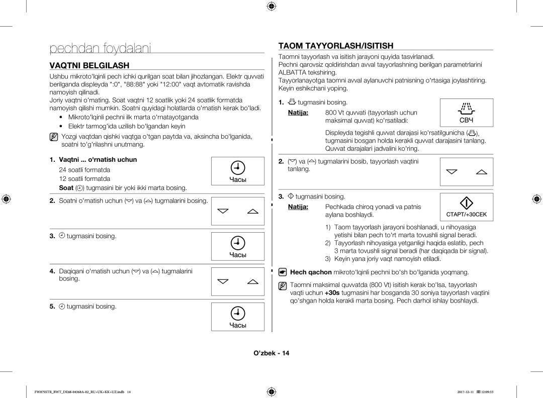 Samsung FW87SBTR/BW, FW87SR-B/BWT Pechdan foydalani, Vaqtni Belgilash, Taom TAYYORLASH/ISITISH, Vaqtni ... ornatish uchun 