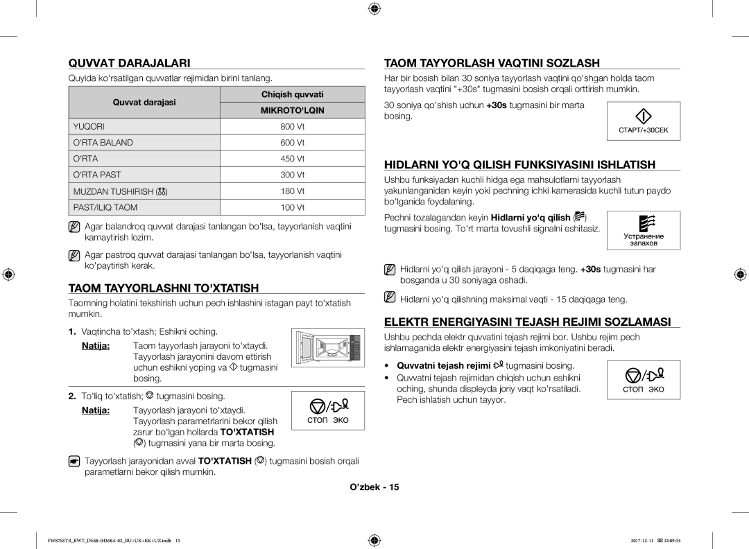 Samsung FW87SR-W/BWT manual Quvvat Darajalari Taom Tayyorlash Vaqtini Sozlash, Hidlarni YOQ Qilish Funksiyasini Ishlatish 