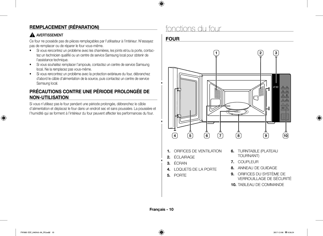 Samsung FW87SST/XEF manual Fonctions du four, Remplacement Réparation, Four 