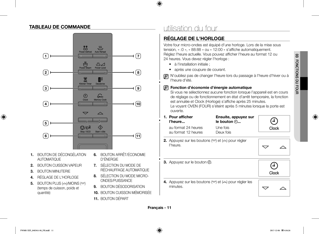 Samsung FW87SST/XEF manual Utilisation du four, Tableau DE Commande, Réglage DE Lhorloge 