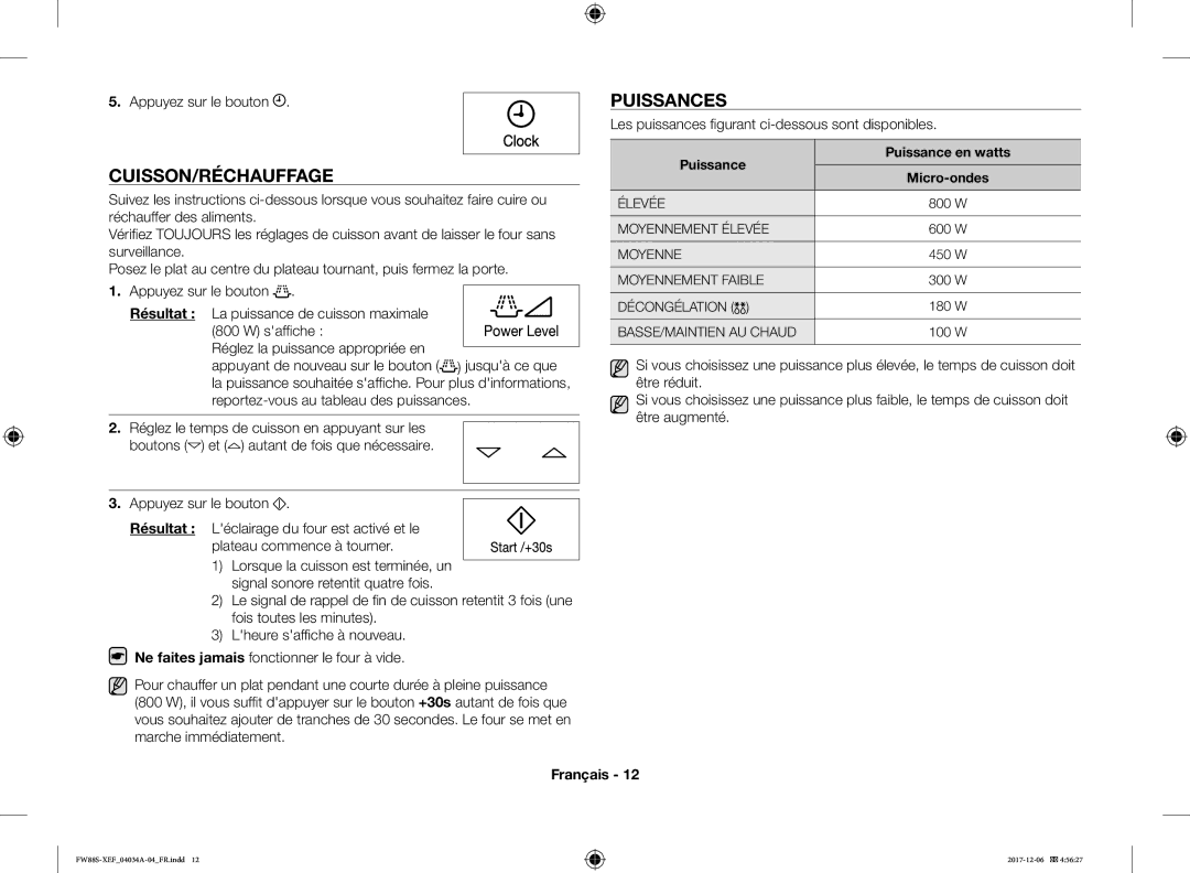 Samsung FW87SST/XEF manual Cuisson/Réchauffage, Puissances, Les puissances figurant ci-dessous sont disponibles 