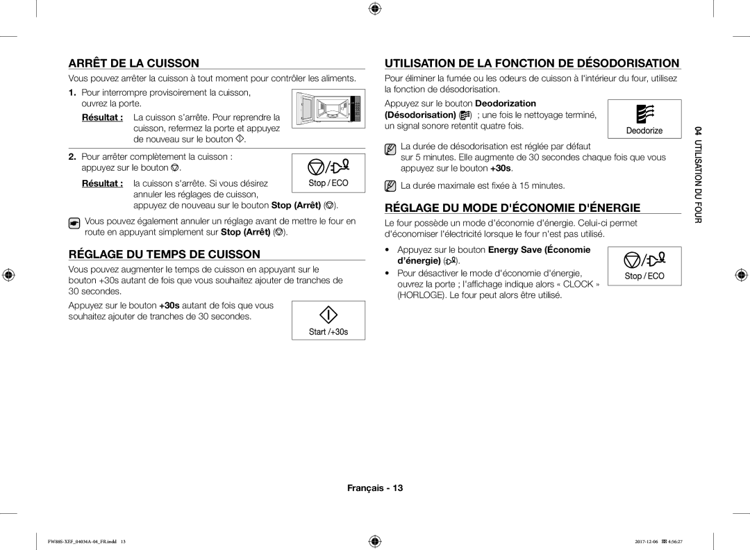 Samsung FW87SST/XEF manual Arrêt DE LA Cuisson, Réglage DU Temps DE Cuisson, Utilisation DE LA Fonction DE Désodorisation 