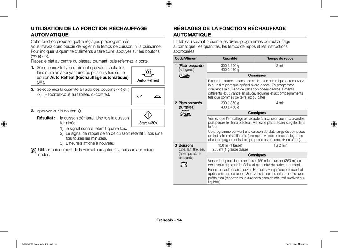 Samsung FW87SST/XEF Utilisation DE LA Fonction Réchauffage Automatique, Réglages DE LA Fonction Réchauffage Automatique 