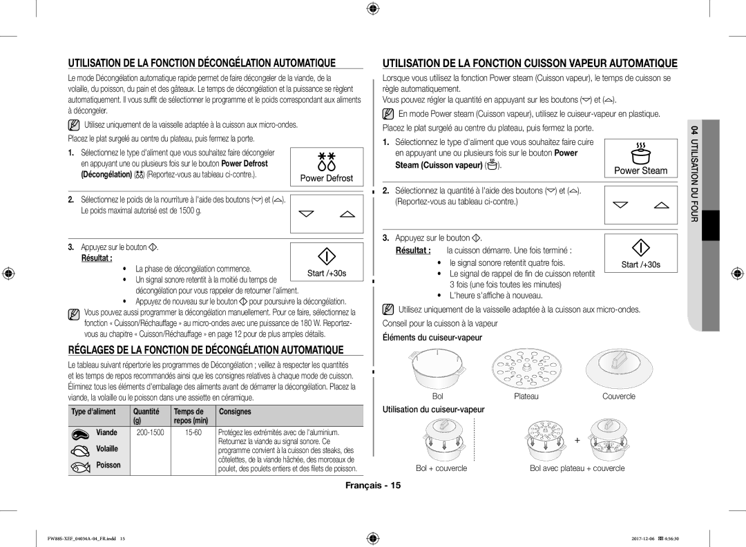 Samsung FW87SST/XEF manual La phase de décongélation commence, Utilisation du cuiseur-vapeur 