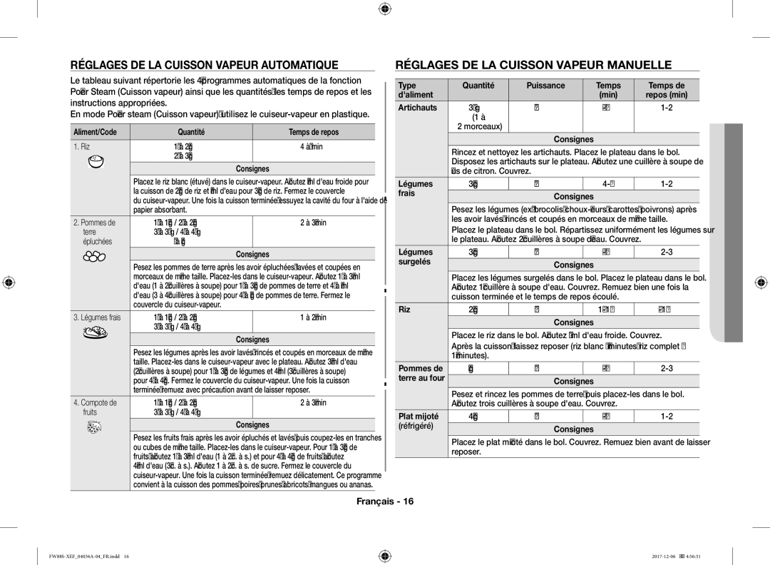 Samsung FW87SST/XEF manual Réglages DE LA Cuisson Vapeur Automatique, Réglages DE LA Cuisson Vapeur Manuelle 