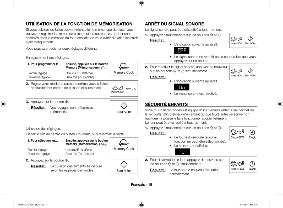 Samsung FW87SST/XEF manual Utilisation DE LA Fonction DE Mémorisation, Arrêt DU Signal Sonore, Sécurité Enfants 