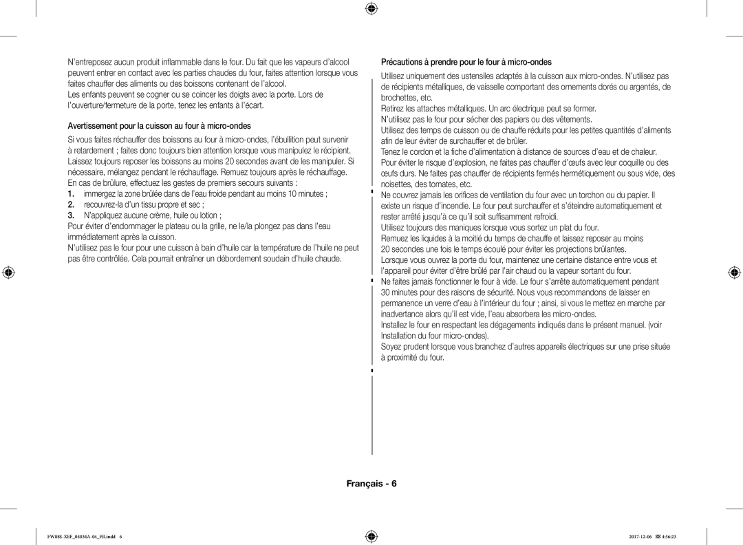 Samsung FW87SST/XEF manual Avertissement pour la cuisson au four à micro-ondes 