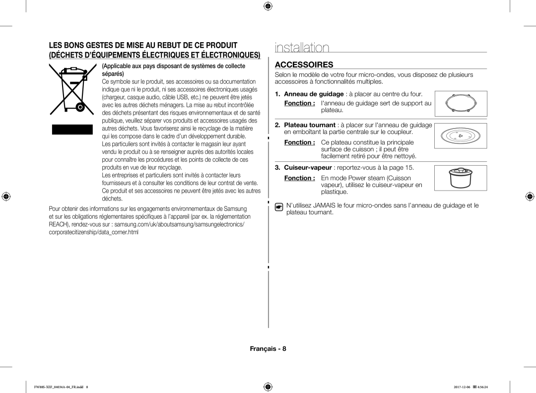 Samsung FW87SST/XEF manual Installation, Accessoires 