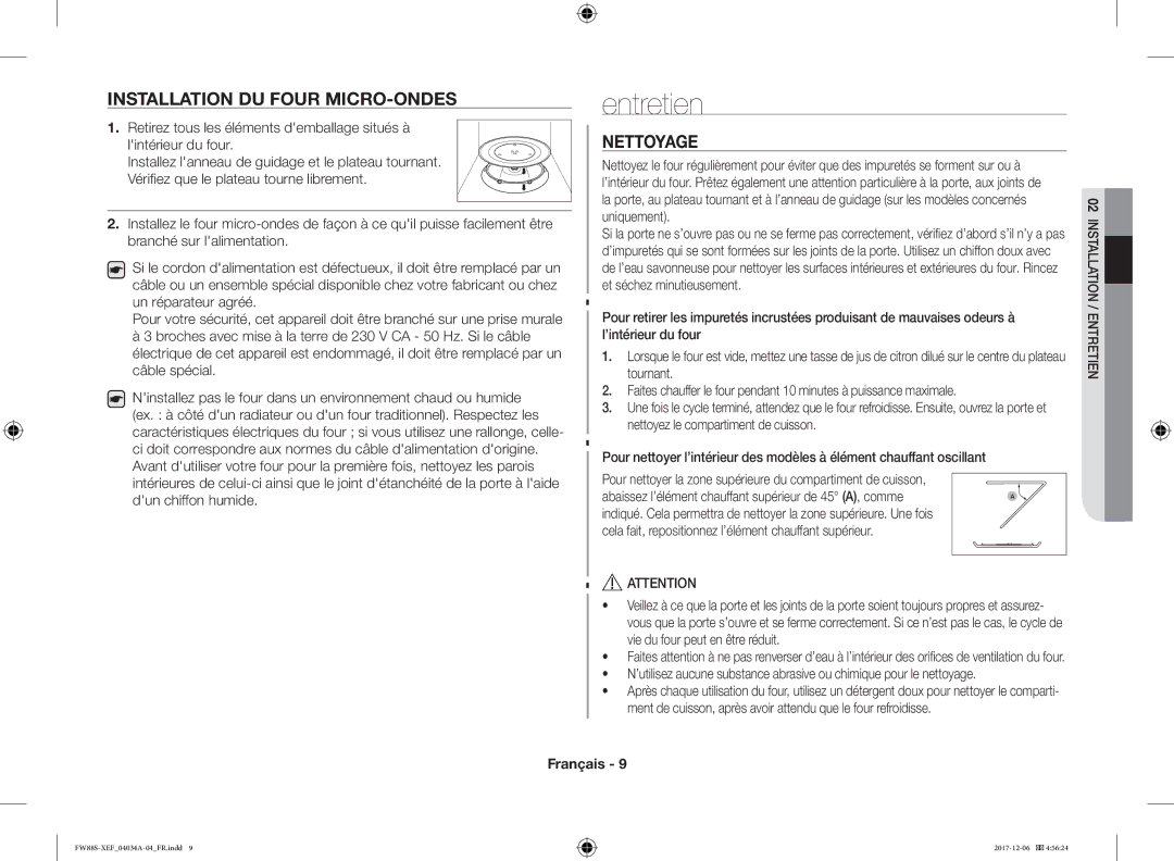 Samsung FW87SST/XEF manual Entretien, Installation DU Four MICRO-ONDES, Nettoyage 