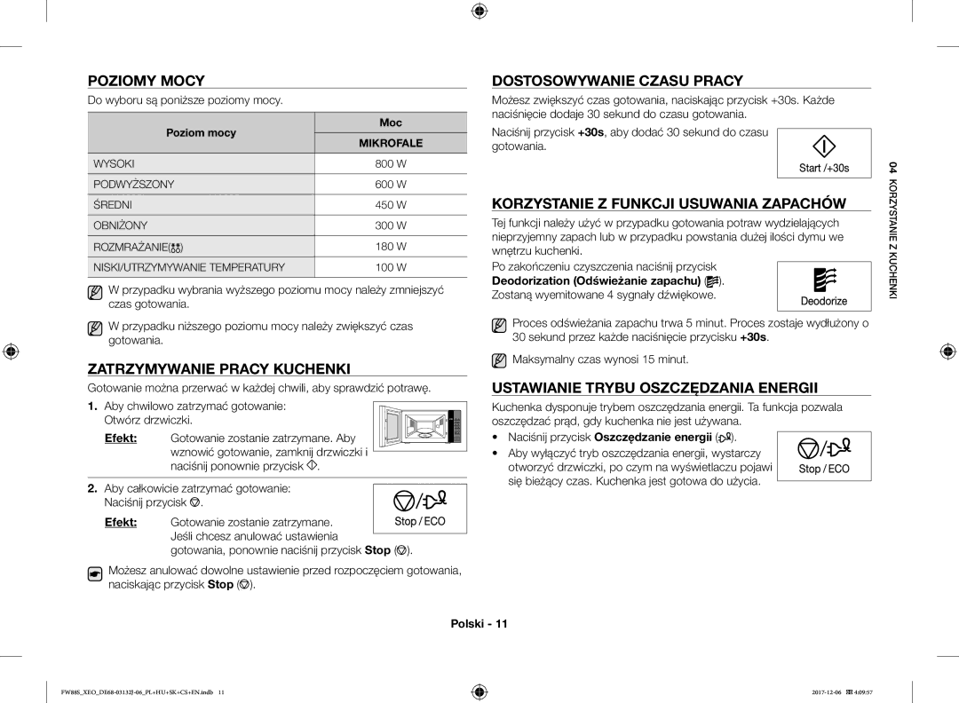 Samsung FW87SUB/XEO manual Poziomy Mocy, Zatrzymywanie Pracy Kuchenki, Dostosowywanie Czasu Pracy 