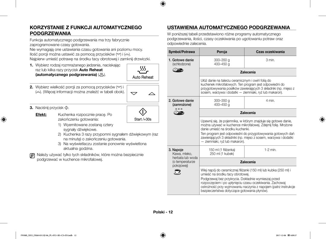 Samsung FW87SUB/XEO Korzystanie Z Funkcji Automatycznego Podgrzewania, Ustawienia Automatycznego Podgrzewania, Zalecenia 