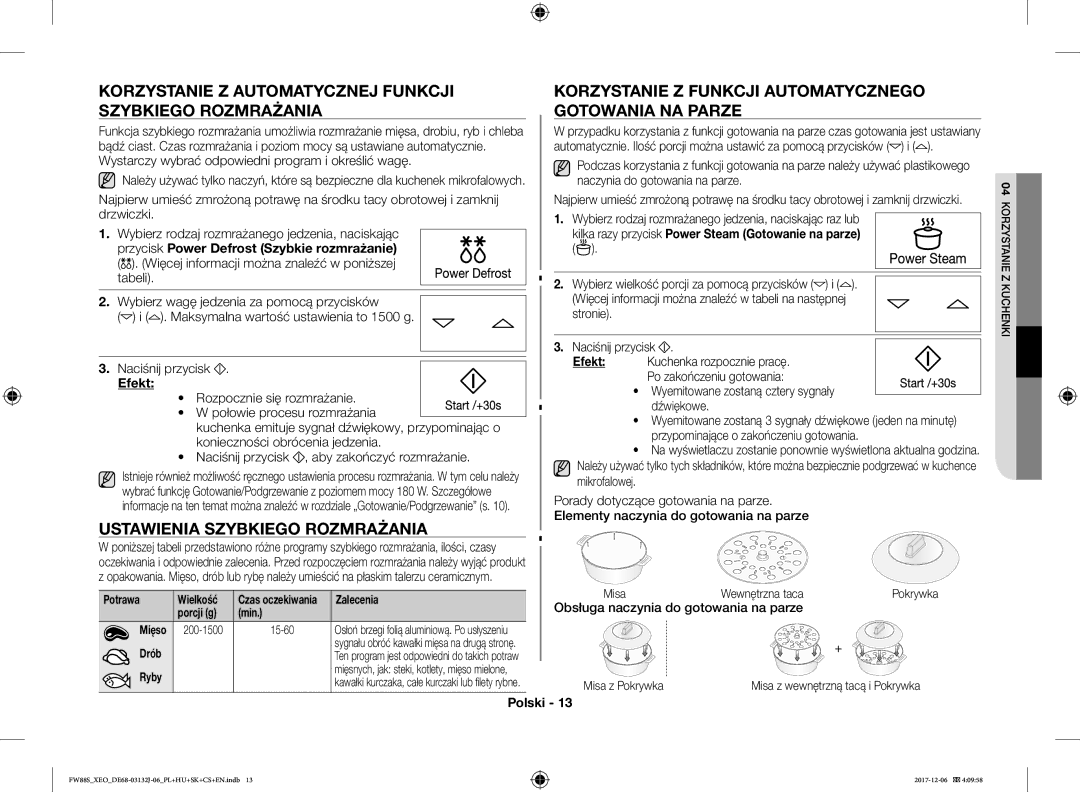 Samsung FW87SUB/XEO manual Korzystanie Z Automatycznej Funkcji Szybkiego Rozmrażania, Ustawienia Szybkiego Rozmrażania 