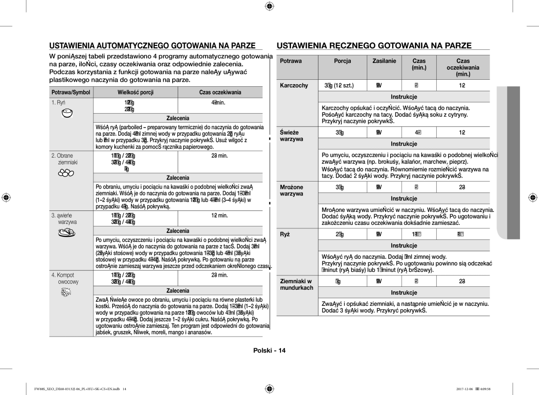 Samsung FW87SUB/XEO manual Ustawienia Automatycznego Gotowania NA Parze, Ustawienia Ręcznego Gotowania NA Parze 