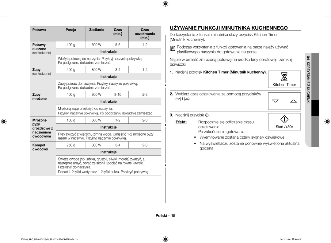 Samsung FW87SUB/XEO manual Używanie Funkcji Minutnika Kuchennego, Naciśnij przycisk Kitchen Timer Minutnik kuchenny 