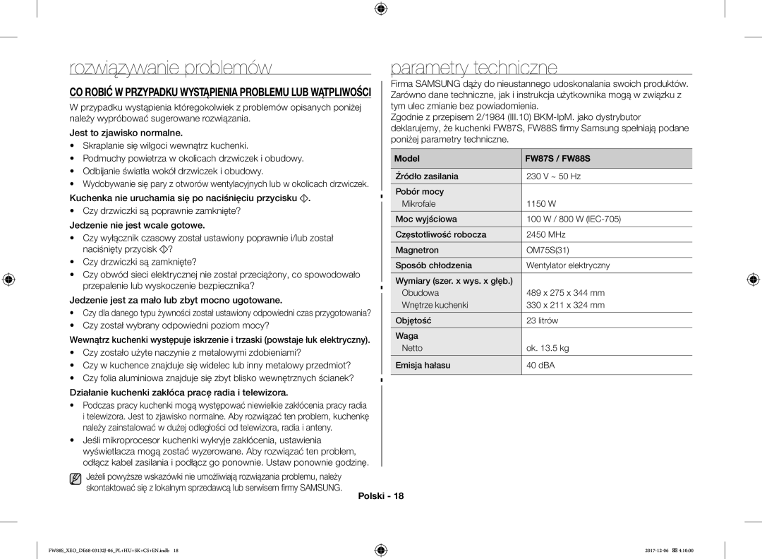 Samsung FW87SUB/XEO Rozwiązywanie problemów, Parametry techniczne, Kuchenka nie uruchamia się po naciśnięciu przycisku 