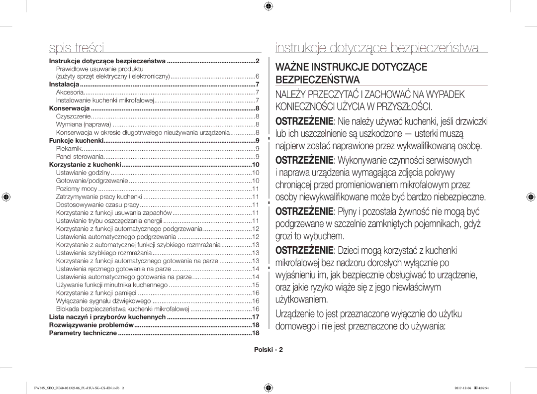 Samsung FW87SUB/XEO manual Spis treści, Instrukcje dotyczące bezpieczeństwa, Prawidłowe usuwanie produktu, Polski 