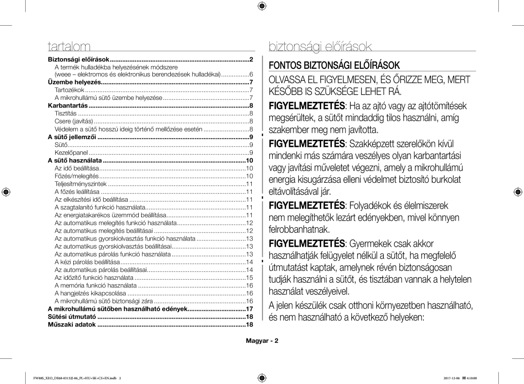 Samsung FW87SUB/XEO manual Tartalom, Biztonsági előírások, Termék hulladékba helyezésének módszere, Magyar, Sütő használata 