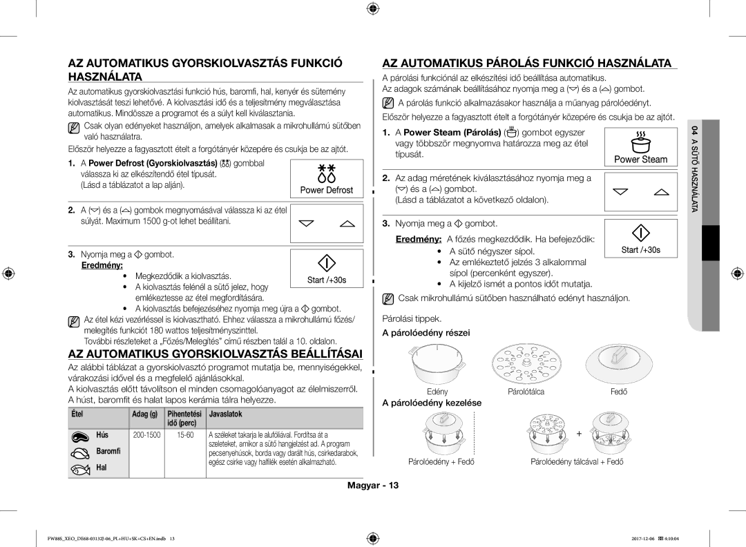 Samsung FW87SUB/XEO manual AZ Automatikus Gyorskiolvasztás Funkció Használata, AZ Automatikus Gyorskiolvasztás Beállításai 