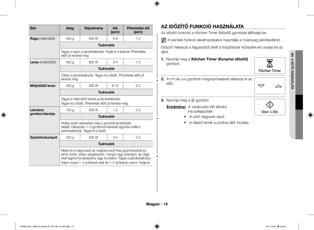 Samsung FW87SUB/XEO manual AZ Időzítő Funkció Használata, Nyomja meg a Kitchen Timer Konyhai időzítő gombot 