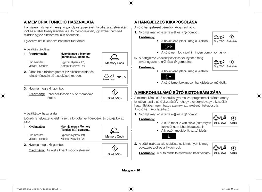 Samsung FW87SUB/XEO Memória Funkció Használata, Hangjelzés Kikapcsolása, Mikrohullámú Sütő Biztonsági Zára, Programozás 