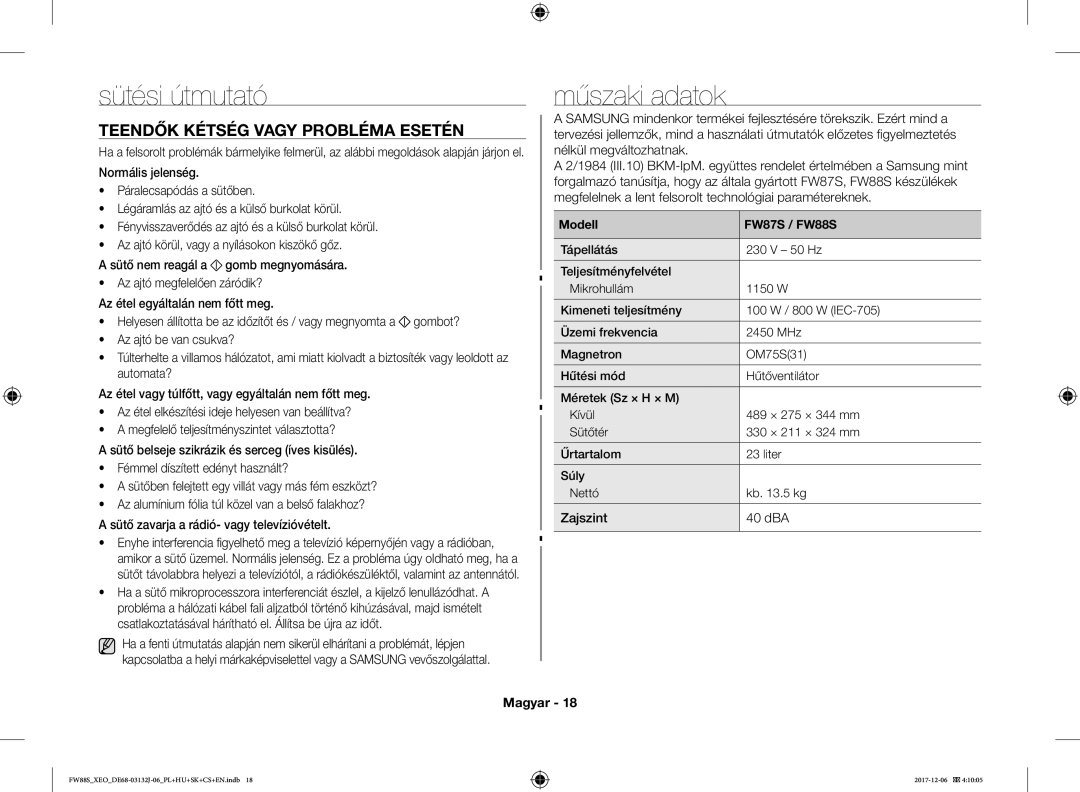 Samsung FW87SUB/XEO manual Sütési útmutató, Műszaki adatok, Teendők Kétség Vagy Probléma Esetén, Zajszint 40 dBA 