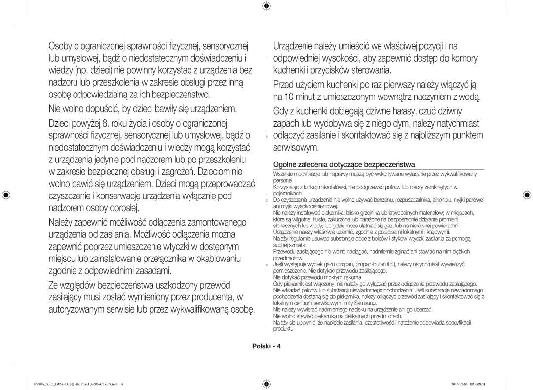 Samsung FW87SUB/XEO manual Ogólne zalecenia dotyczące bezpieczeństwa, Nie dotykać przewodu mokrymi rękoma 