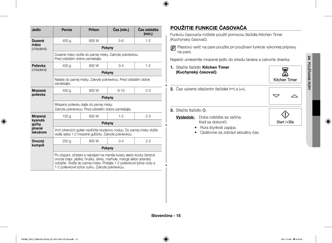 Samsung FW87SUB/XEO manual Použitie Funkcie Časovača, Kuchynský časovač 