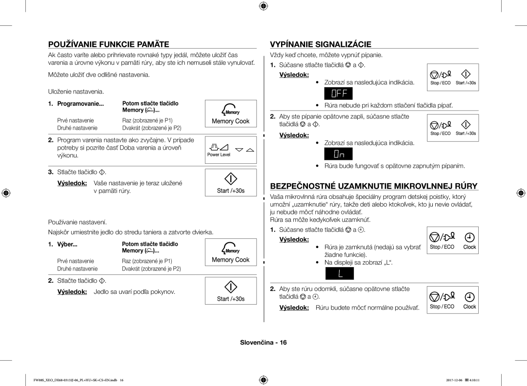 Samsung FW87SUB/XEO Používanie Funkcie Pamäte, Vypínanie Signalizácie, Bezpečnostné Uzamknutie Mikrovlnnej Rúry, Výber 