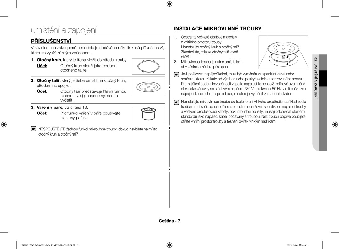 Samsung FW87SUB/XEO manual Umístění a zapojení, Příslušenství, Instalace Mikrovlnné Trouby, Vaření v páře, viz strana 