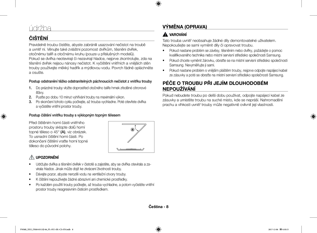 Samsung FW87SUB/XEO manual Čištění, Výměna Oprava, Péče O Troubu PŘI Jejím Dlouhodobém Nepoužívání 