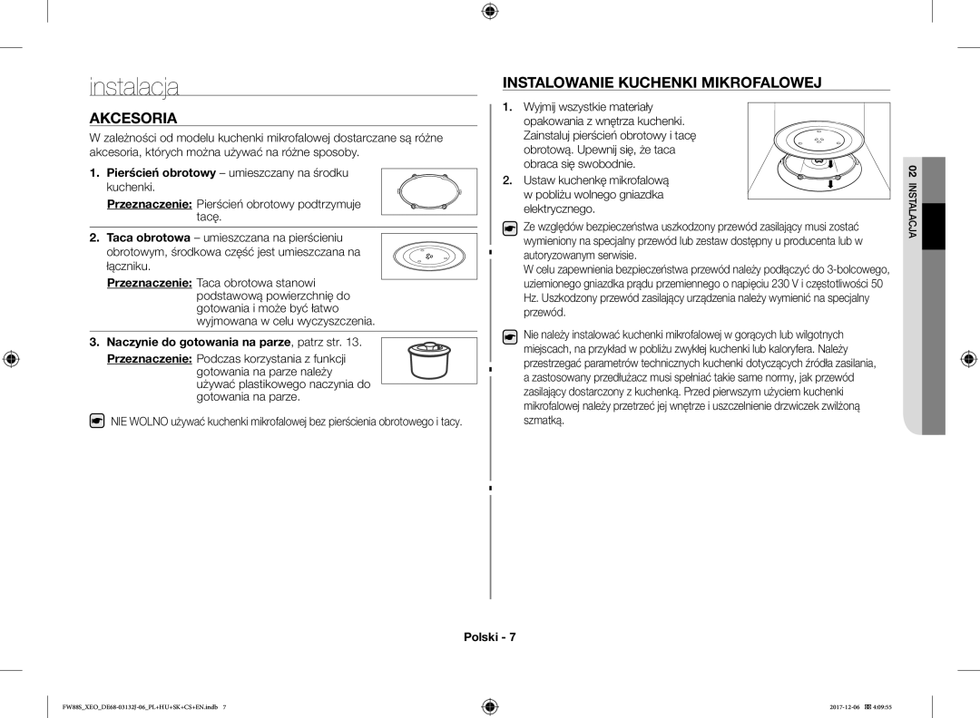Samsung FW87SUB/XEO Instalacja, Akcesoria, Instalowanie Kuchenki Mikrofalowej, Naczynie do gotowania na parze, patrz str 