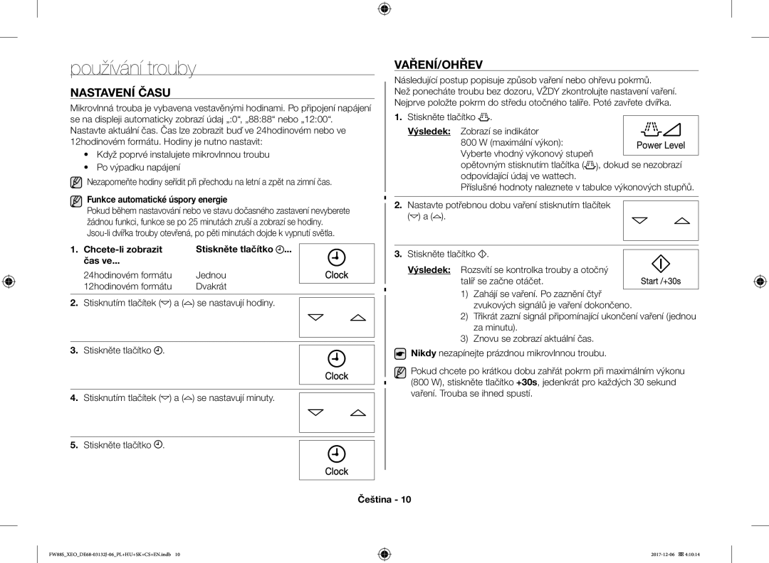 Samsung FW87SUB/XEO manual Používání trouby, Nastavení Času, Vaření/Ohřev, Funkce automatické úspory energie 