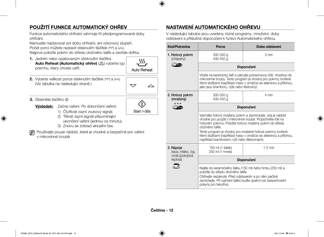 Samsung FW87SUB/XEO manual Použití Funkce Automatický Ohřev, Nastavení Automatického Ohřevu, Kód/Potravina, Doporučení 