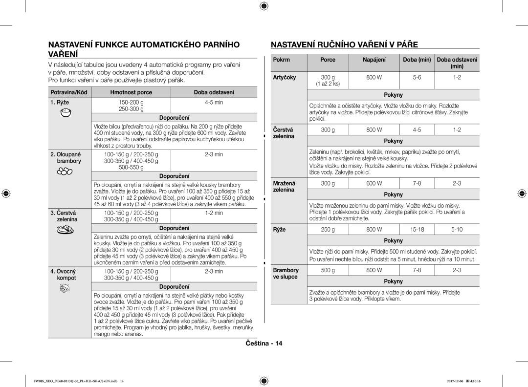 Samsung FW87SUB/XEO manual Páře, množství, doby odstavení a příslušná doporučení 