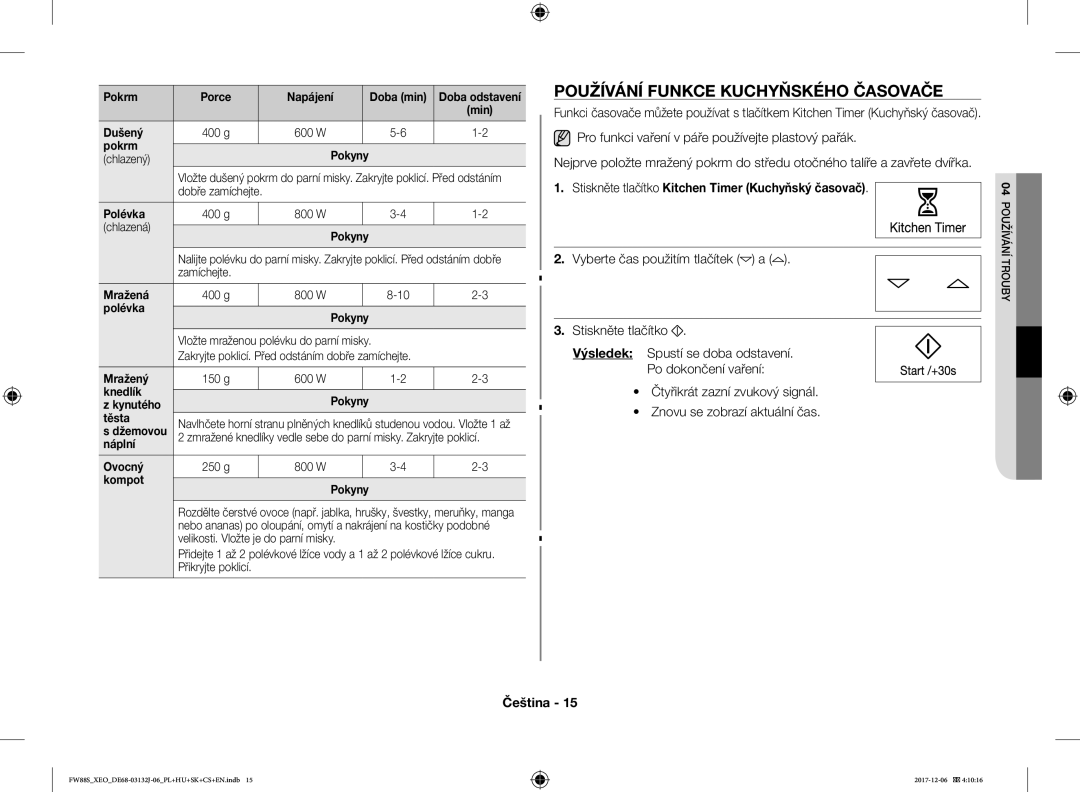 Samsung FW87SUB/XEO manual Používání Funkce Kuchyňského Časovače, Stiskněte tlačítko Kitchen Timer Kuchyňský časovač 