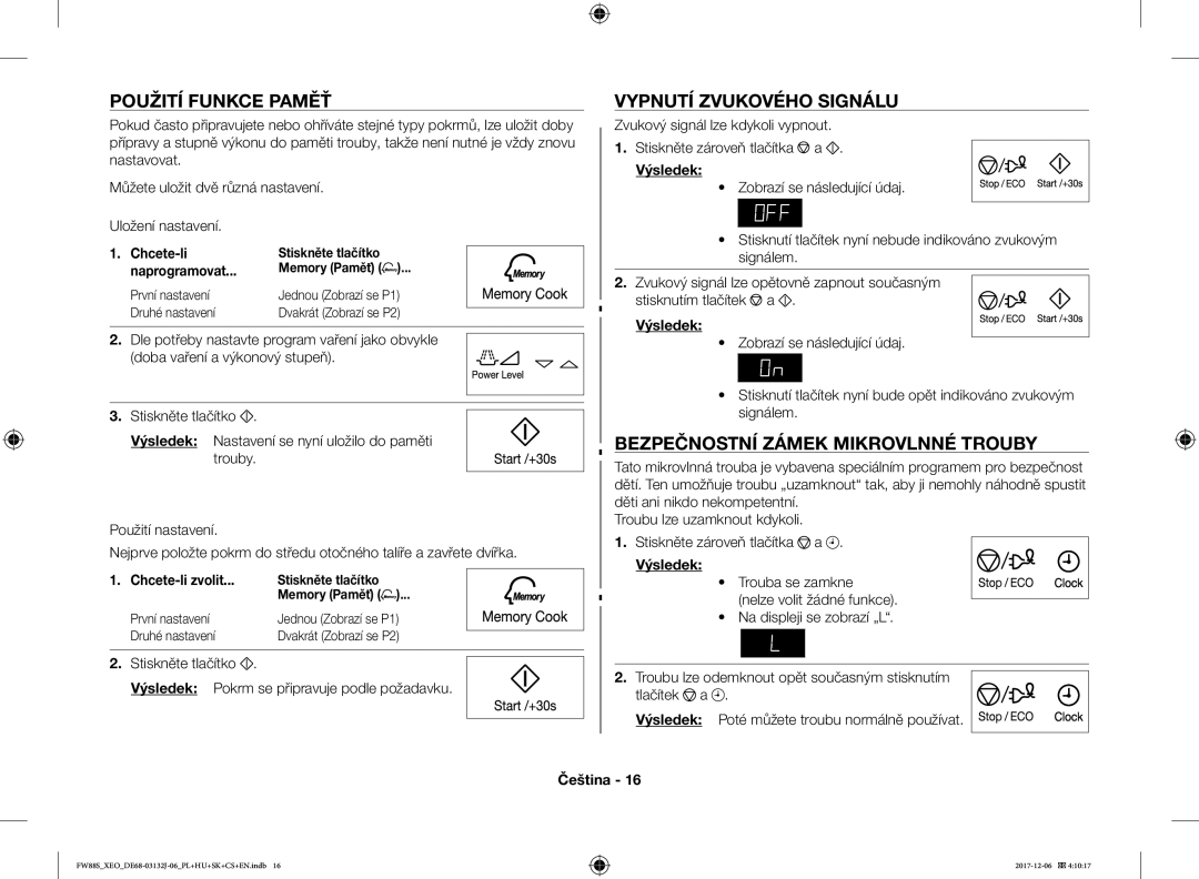 Samsung FW87SUB/XEO manual Použití Funkce Paměť, Vypnutí Zvukového Signálu, Bezpečnostní Zámek Mikrovlnné Trouby 