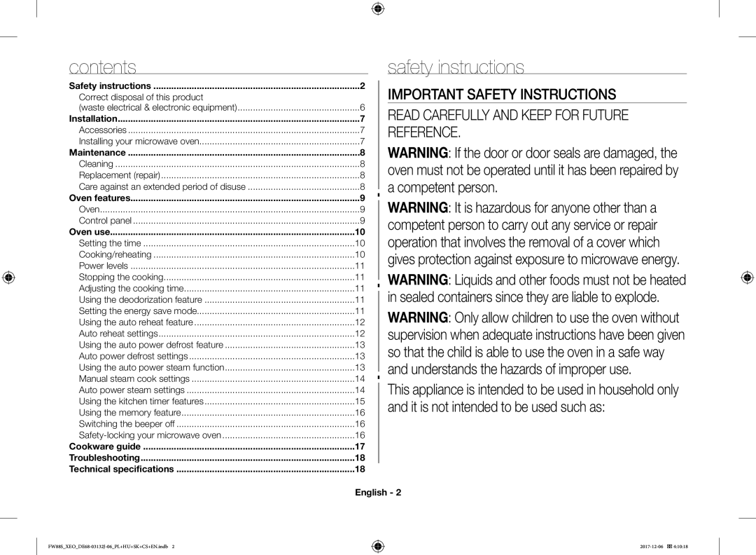 Samsung FW87SUB/XEO manual Contents, Safety instructions 