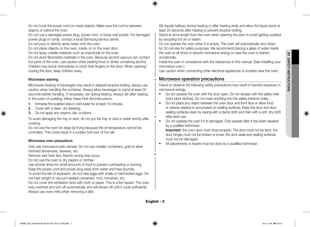 Samsung FW87SUB/XEO Microwave operation precautions, Do not pour or directly spray water onto the oven, Microwave warning 