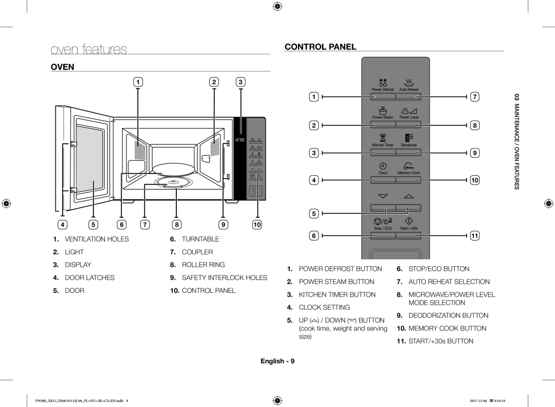 Samsung FW87SUB/XEO Oven features, Control Panel, UP / Down Button cook time, weight and serving size, START/+30s Button 