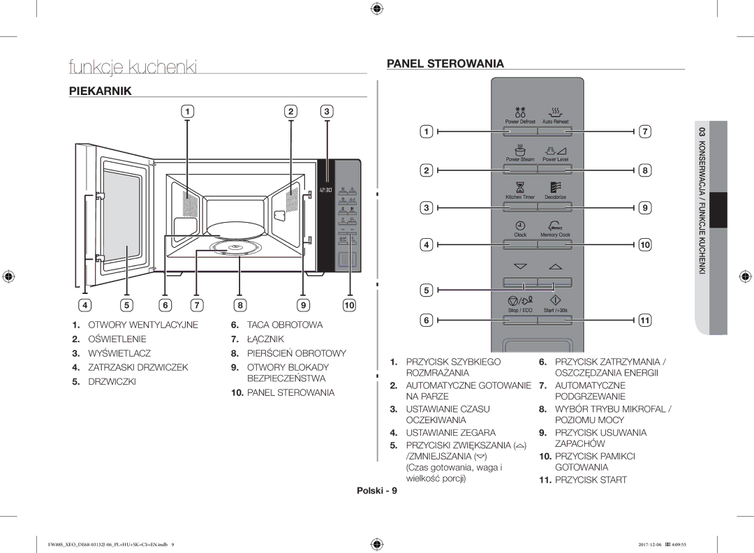 Samsung FW87SUB/XEO manual Funkcje kuchenki, Panel Sterowania Piekarnik, Czas gotowania, waga, Wielkość porcji, Polski 